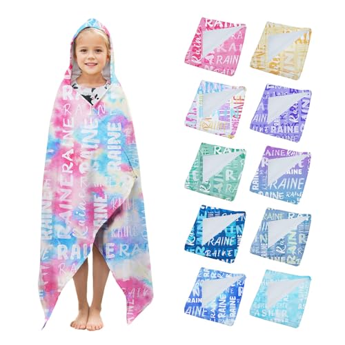 Ritiga Personalized Hooded Bath Towels for Kids Ages 4-8 8-10,Customized Hooded Beach Towel for Kids with White Names, Custom Tie Dye Microfiber Soft Unique Kids Towels with Hood for Pool Swimming