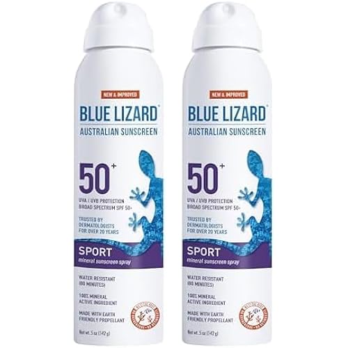 BLUE LIZARD Sport Mineral Sunscreen Spray SPF 50+, Dermatologist-Recommended Brand, Broad-Spectrum UVA/UVB Protection, Water-Resistant, Zinc Oxide Formula, Vegan, 5 fl oz (Pack of 2)