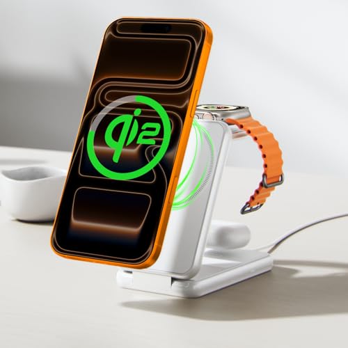 Image of iVANKY Qi2 Certified Wireless Charging Station for iPhone 17, 3 in 1 Foldable Charger for MagSafe Magnetic Stand for iPhone 17 /16 /15 /14 /13 /12 /11 /X Pro /Max /Plus /Air, Apple iWatch, Airpods