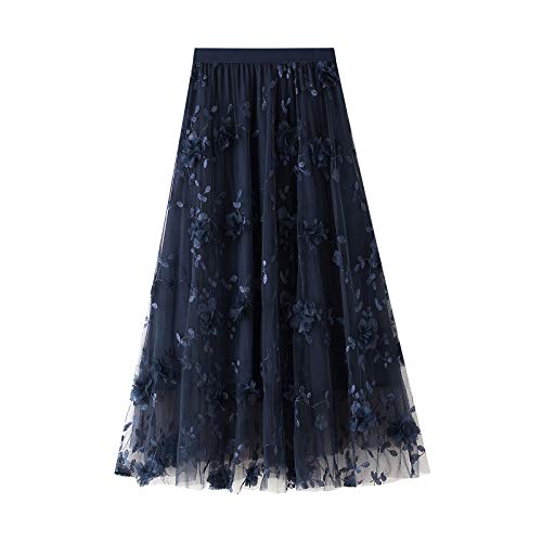Women s Tulle Skirt Pleated Tutu Skirts Elastic High Waist Elegant Lace Floral Printed Mesh Lady A Line Midi Skirt (Navy Blue-Embroidery, One Size)