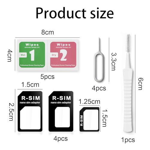 4 in 1 SIM Kartenadapter, 4 SIM Karten Adapter Kit mit Auswurfstift, 10 Handy-Reinigungspads, Anschlussbürste, universell für Smartphones