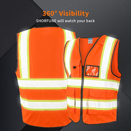 Shorfune High Visibility Safety Vest With Pockets, Mic Tab, Reflective Strips And Zipper, Ansi/Isea Standards,Oange,L #TOP6