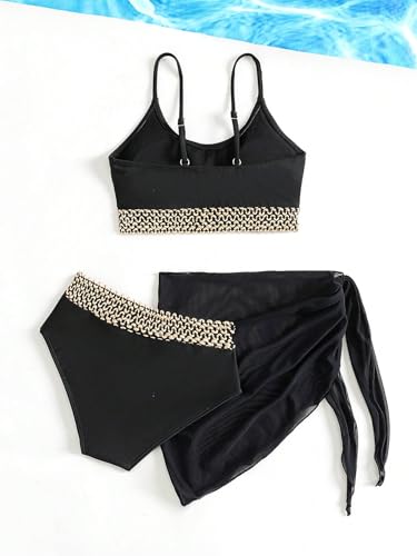 OYOANGLE Girl's 3 Piece Bikini Set Contrast Trim High Waist Swimsuit with Knot Side Beach Skirts Cover Up2