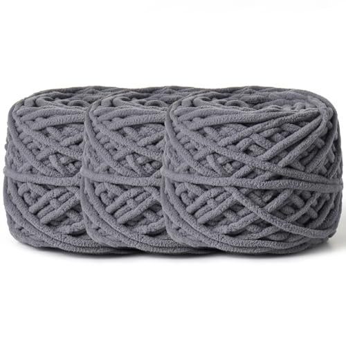 Image of 3 Pack Fluffy Chenille Chunky Yarn for Crocheting 100g(65.6yd) - Baby Yarn for Crocheting Soft - Velvet Yarns for Crochet Blanket - Amigurumi Crochet Yarns(Grizzly