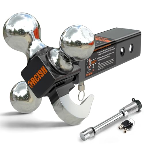 Image of ORCISH 360 Swivel Trailer Hitch, Tri-Ball Mount with Heavy Duty Hook & Anti-Theft Lock, Chrome-Plated Trailer Ball Size 1-7 /8 inch, 2 inch and 2-5 /16 inch, Fit 2 Inch Hitch Receiver, Rotating Tow Hitch