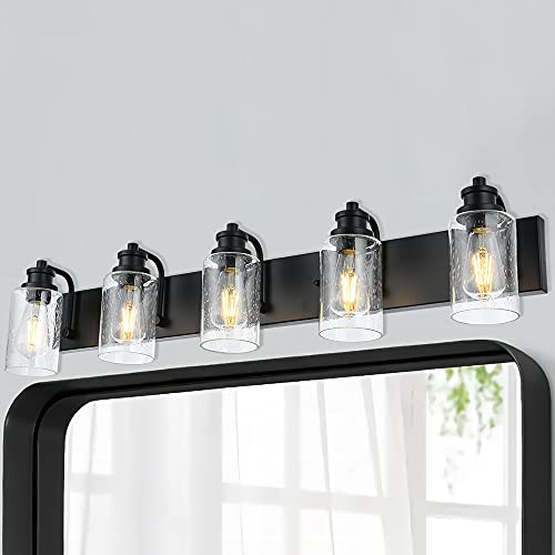Image of 5-Light Bathroom Light Fixtures, 37 inch Black Bathroom Vanity Light with Seedy Glass Shades, Farmhouse Wall Sconces Lighting for Mirror, Hallway, Bedroom, Living Room