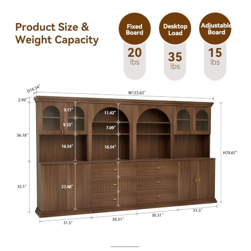 Image of ivaniti 71 inch Arched Kitchen Pantry Cabinet Set of 4, Dark Brown Freestanding Storage Hutch Combination with 2 Glass-Door Coffee Bar Cabinets and 2 Three-Drawer Open Shelf Cabinets for Kitchen