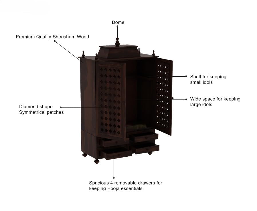 Image of Solid Sheesham Wood Temple for Home & Office /Mandir /God Stand /Pooja Stand /Home Mandap /Mandapam with Cabinet Doors & Multiple Storage /Shelf with Drawers (Walnut2, 32x15x57 inch)