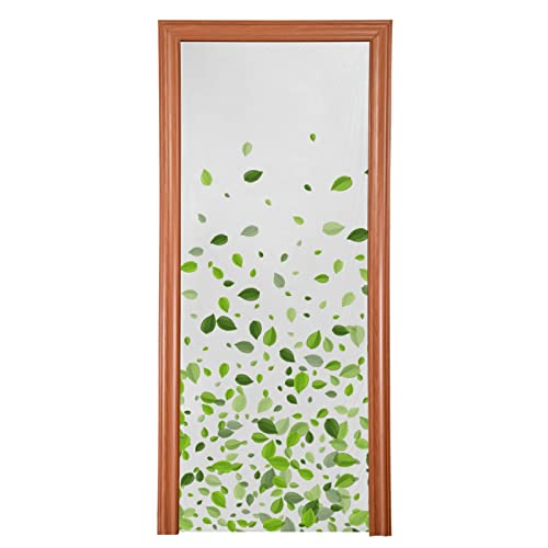 Mint Leaf Tea Leaves Falling Green Leaves Swamp Leaves on White Door Cover, Washable Fabric Durable Door Decoration Silk Microfiber for Front Door Porch Home Indoor Outdoor Party 36x98 inches