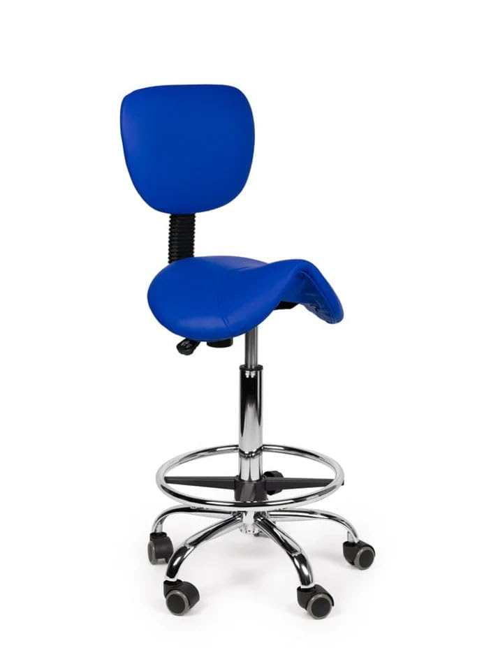 Ergonomischer Sattelhocker Blau mit Lehne auf Rollen - Niedrig (40-56cm) / ohne Fußstütze/Standardmäßige Räder