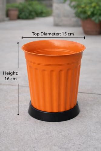 Image of TechHark Orange Plastic Plant Pots with Saucer, Ribbed Style, for Indoor and Outdoor Use, Set of 5