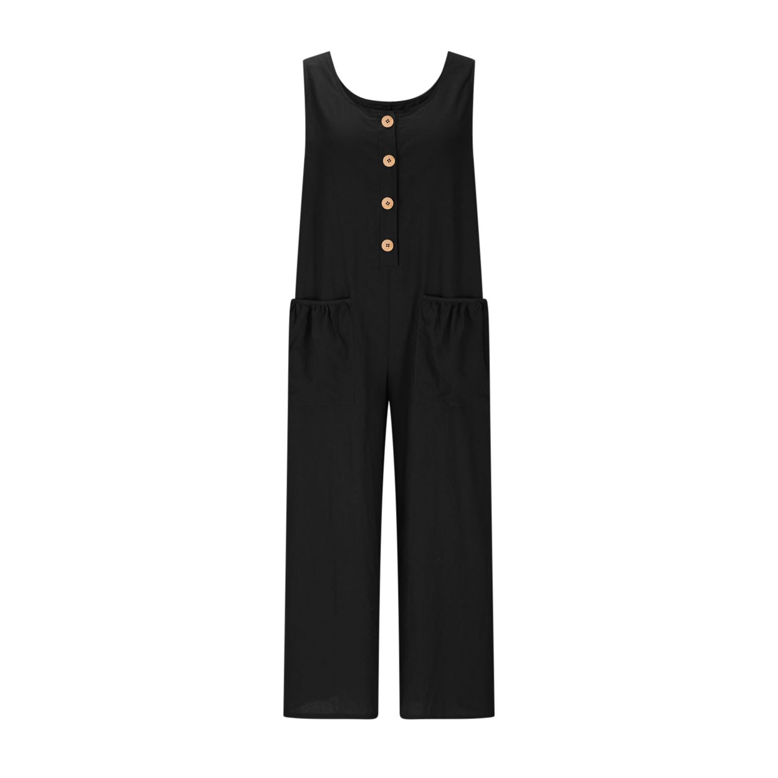 HAOLEI Mono Mujer Verano de Algodón y Lino Mono de Pierna Ancha con Bolsillos para Mujer Casual Overol de Verano Color Sólido Sin Mangas Pantalón Rompers Largo Verano de Tirantes Suelto Peto Overol