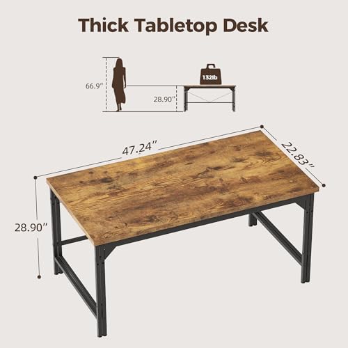 Image of 48 Inch Computer Desk, 1 inch Thick Small Office Table, Brown | Modern Simple Style, Heavy Duty Industrial Frame, Small Study & Writing Table for Home Bedroom Work