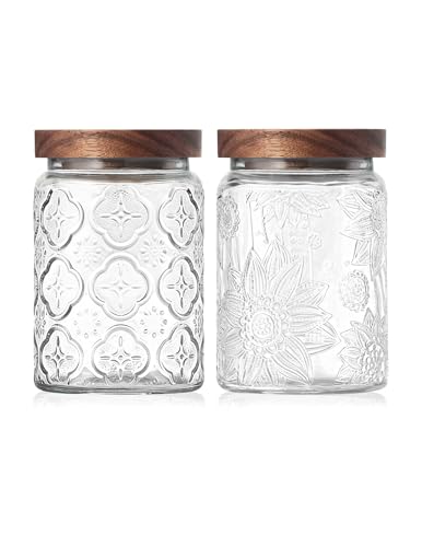 Vintage Glass Jar with Wood Lid - Christmas Airtight Canisters for Kitchen Countertop Bathroom, Storage Candy, Cookie, Coffee, Apothecary, Sugar, Flour ,Pet Treat (Sunflower & Begonia, 24oz/700ml)