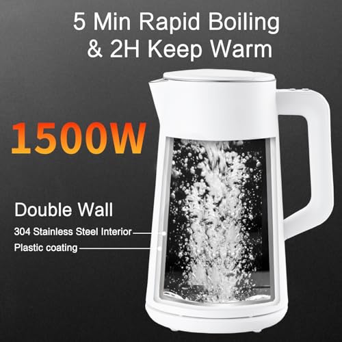 Image of 1.5L Electric Kettle Stainless Steel, Double Wall Cool Touch Teapot, Fast Boil,5 Temperature Control, LED Display, Auto Shut-Off,Keep Warm Function (Porcelain White)