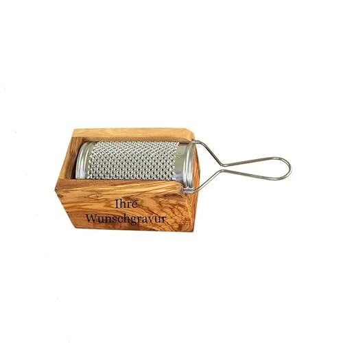 Personalisierbare Parmesanreibe, Käsereibe, Muskatreibe aus Olivenholz und Edelstahl als Geschenk für die Küchenfee, den Hobbykoch, Küchenchef, inkl. Wunschgravur (L 11 cm x B 7 cm x T 6 cm)