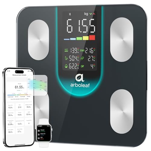 Arboleaf Bilancia Pesapersone Digitale, Bilancia Impedenziometrica con Bluetooth e App, Ampio Display per BMI, Grasso Corporeo, Massa Muscolare, 14 Parametri, Alta Precisione, Capacità 180 kg