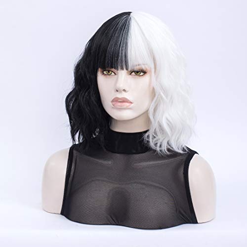 Morticia Short Curly Women Bob Wig Full Bang Wavy Texure Heat Resistant Synthetic Short Women Wig (White and Black) - Image 2