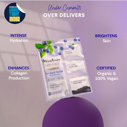 Image of Mintree Organic Blueberry at Home Facial Kit for Women Korean Melting Collagen Flim Sheet Mask|DeTan & Anti Aging European Black Mask| Salon Like Glowing Skin in Easy 5 Steps| Brightens&Tightens
