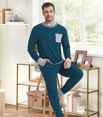 Image of NACHILA Mens Pajamas Set Long Sleeve Henley Sleepwear Top Soft Jogger Pants Pajamas Cool Pjs Set,Viscose Made from Bamboo