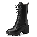  Klarmar Mujer Media Pierna Botas de Estilo Motero Plataforma Exterior Casual Botas de Estilo Motero Mid Botas Cordones Chunky Botas Negro Talla 36 EU/23CM