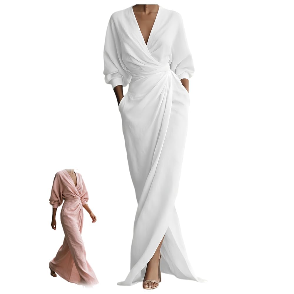 Abito extra lungo da donna in lino e cotone con scollo a V, maniche lunghe, increspato, cravatta in vita, asimmetrico, orlo diviso, retrò, elegante, per feste