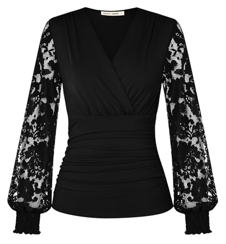 GRACE KARIN Women’s Long Sleeve Tops Elegant Wrap V-Neck Ruched Tunic Blouses Casual Vintage Blouse Shirt for Evening L Size 16 Black