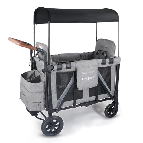 Cochildor Elite 2S 2-Seater Wagon Stroller for Kids – One-Hand Fold Design, High Seats with 5-Point Harness, Adjustable Handlebar, Removable Canopy & Compact Storage, Light Grey