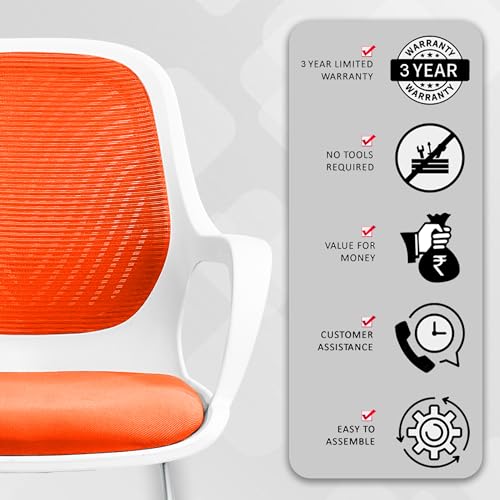 Image of ROSE Zaria | 3 Years Brand Warranty | Ergonomic mesh mid-Back Office Chair, Perfect for Study, Work from Home, revolving, Rolling Computer Desk Chair (White & Orange, Visitor)