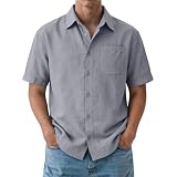 DGZTWLL - Camisa de lino para hombre de manga corta con botones - Camiseta casual con cuello regular para vacaciones, playa y uso diario, gris, 3XL