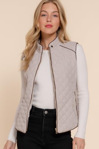 NE PEOPLE Women’s Quilted Vest – Lightweight Sleeveless Full Zip Up Casual Stand Collar Padding Gilet Jacket with Pockets NEWV40 PaleTaupe S
