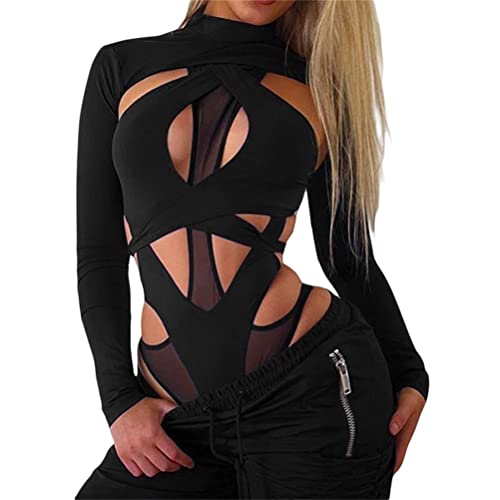 ORANDESIGNE Damen Badeanzug 2-Teilig Neon Rave Outfit Sexy Niedrig Geschnitten mit Y2K Langarm Crop Top Cover-up Bikini Clubwear M D Schwarz