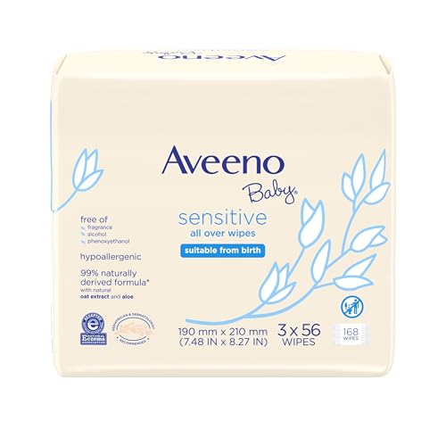 Image of Aveeno Baby Sensitive All Over Wipes with Aloe & Natural Oat Extract for Face, Bottom & Hands, pH-Balanced, Hypoallergenic, Fragrance-, Phthalate-, Alcohol- & Paraben-Free, 3 Pks of 56 ct