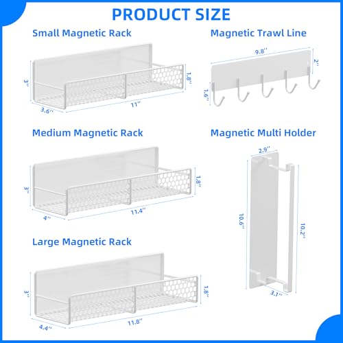 JulktLli 5 Pack Multifunctional Magnetic Shelves for Washing Machine & Refrigerator - Heavy Duty Laundry Room Organization System with Tool Hooks, Metal Storage Baskets (White) — view 2
