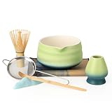 VONAHAST Matcha Bowl and Whisk Set - 7-Piece Kit Bamboo Matcha Whisk (Chasen), Ceramic Chawan, Sifter & Holder - All-in-One Matcha Making Kit Blue Green
