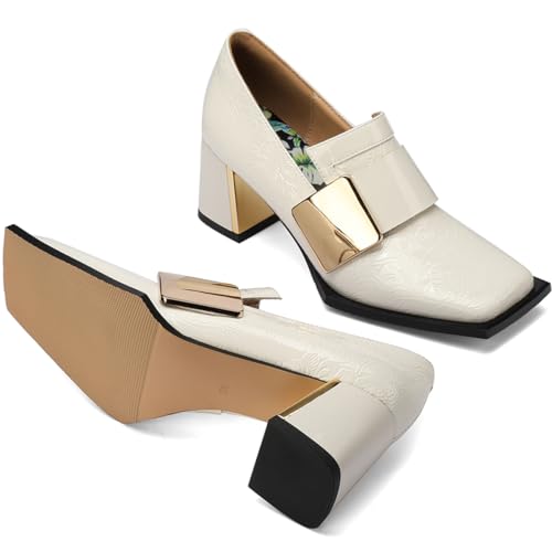 Image of Loafers for Women Patent Leather Buckle Square Toe Chunky Block Dress Slip On Wide Casual Comfortable Dressy High Heels Ladies Comfort Moccasins Elegantes 2 Inch Shoes