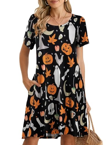 BELAROI Womens Halloween Dress Short Sleeve Swing T Shirt Dress Pumpkin, Witch, Horror Pattern Print Halloween Costumes(3X, Flower93)