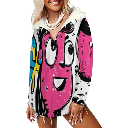 Veste polaire boutons femme avec doublure peluche et motifs art graffiti originaux