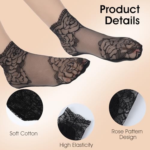 Image of JJUNW 5 Pairs Lace Ankle Socks For Women, Mesh Lace Fishnet Ankle Socks Sexy Ankles Women