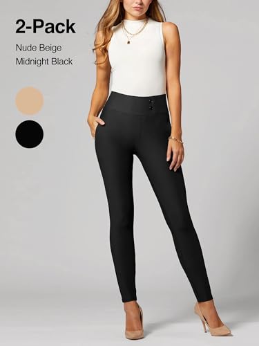 Conceited 2-Pack Stretch Slacks for Women - Wear to Work - Slim Leg Dress Pants with Pockets - Khaki, Black - (Small)2