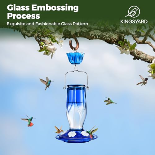Kingsyard-Glass-Hummingbird-Feeder-6-Feeding-Ports-Hanging-Bird-Nectar-Feeder-16-Ounces-Rustproof-Leakproof-Garden-Backyard-Decor-Ant-Moat-Included-Blue Kingsyard Glass Hummingbird Feeder 6 Feeding Ports Hanging Bird Nectar Feeder 16 Ounces Rustproof Leakproof Garden Backyard Decor Ant Moat Included Blue