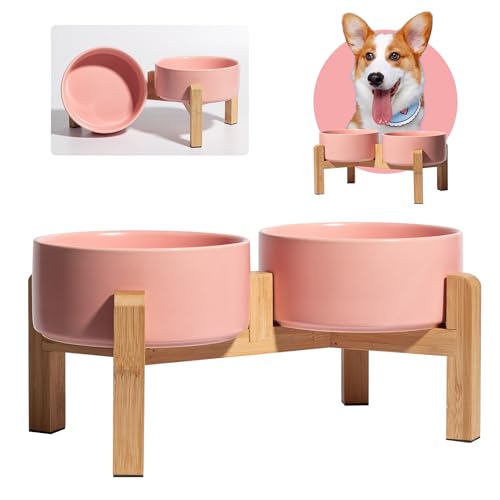 Elevated Ceramic Dog Bowl Set - Raised Dog Bowls with Non-Slip Bamboo Stand - Dog Food and Water Bowl Set - Double Dog Feeding Bowls - Suitable for Small and Medium Dogs - 28.74 OZ - 3.6 CUPS - 850 ML