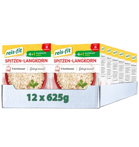 reis-fit Spitzen-Langkorn-Reis, 12x625g, Kochbeutel-Reis, 4+1 Kochbeutel, fertig in 8 Minuten, vegan und glutenfrei Cover
