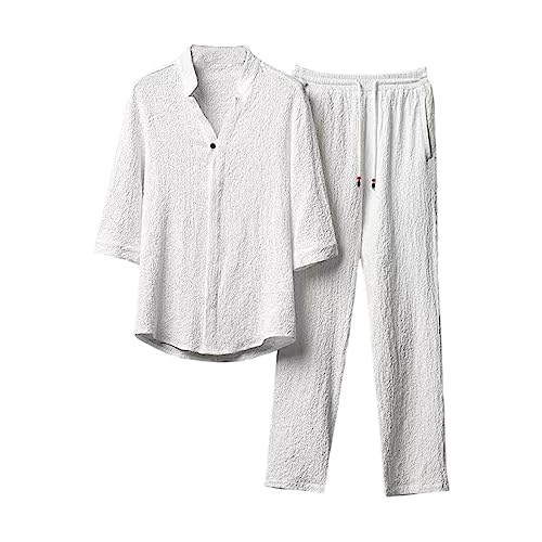 Image of CBMen's Summer Suits Casual Clothes Loose Pant 3 /4 Sleeve Suit Beach L White|Clothing Shoes & Accessories | Mens Clothing | Suits|1 Men's 2 Pieces Shirt Set