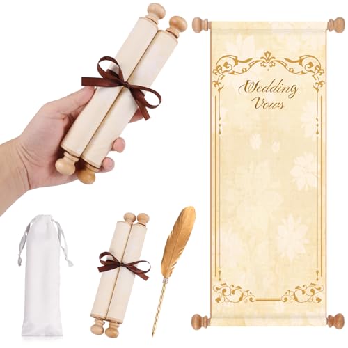 Wedding Guest Scroll Blank Paper with Wood Rods 7.1 x 31.5 Inch with Feather Ballpoint Pen & Velvet Keepsake Pouch for Guests to Sign Vintage Writing Kit for Adults