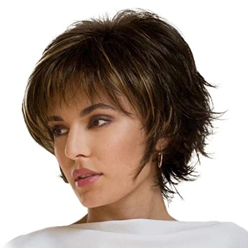 YBY Perucas femininas modernas de cabelo liso curto, fofo, franja curta, castanho escuro, perucas fe
