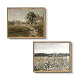 VIYYIEA 2 Pcs Framed Canvas Wall Art, Road and Flower Field Pictures Paintings, Living Room Bedroom Kitchen Vintage Country Farmhouse Decor, 9x11 Inch, Set of 2