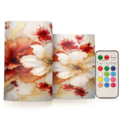 ALAZA Gorgeous Flowers Flickering Flameless Candles Battery Operated with Remote Timer,Tea Light Candles LED Pillar Votive Candles Set of 2 for Outdoor Indoor Decorations
