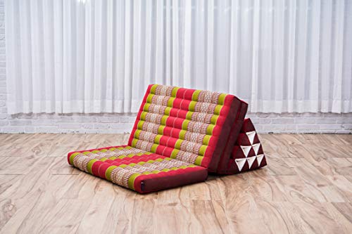 Image of Leewadee Comfortable Japanese Floor Mattress - Thai Floor Bed with Triangle Cushion - Futon Mattress - XL Extra Wide Thai Massage Mat, 67 x 31 inches, Green Red, Kapok Filling