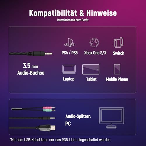 Gaming Headset für Ps4/Ps5/Pc/Xbox 360 with 3D Surround Sound Headset mit Mikrofon Kopfhörer Noise Cancelling RGB Lichter for Gamer – Bild 6